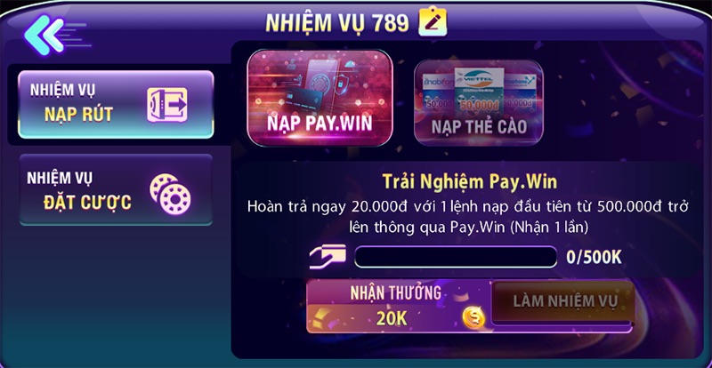 Nhiệm vụ nạp tiền nhận hoàn trả 20k